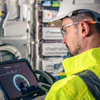 Técnico de instrumentação industrial analisando dados de sensores em painel de automação para garantir precisão do processo