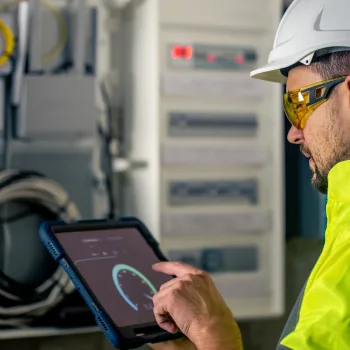 Técnico utilizando tablet para monitoramento de instrumentação industrial em painel elétrico