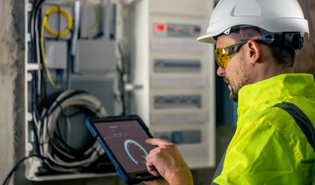 Técnico utilizando tablet para monitoramento de instrumentação industrial em painel elétrico
