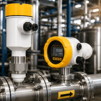 Instrumentos industriais de medição de nível instalados em tubulação de processo para monitoramento contínuo e manutenção preventiva em ambiente industrial.