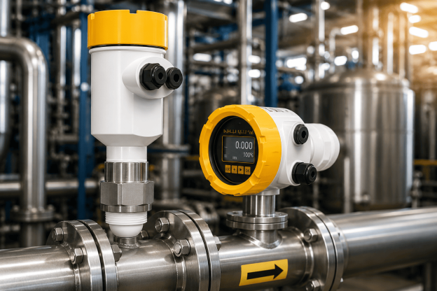 Instrumentos industriais de medição de nível instalados em tubulação de processo para monitoramento contínuo e manutenção preventiva em ambiente industrial.