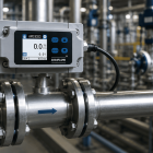Medidor de vazão industrial instalado em tubulação de aço inox em ambiente fabril, utilizado para monitorar e controlar a medição de vazão industrial com alta precisão.