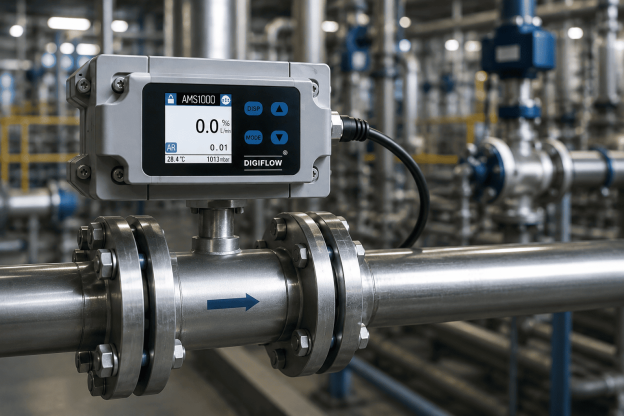 Medidor de vazão industrial instalado em tubulação de aço inox em ambiente fabril, utilizado para monitorar e controlar a medição de vazão industrial com alta precisão.