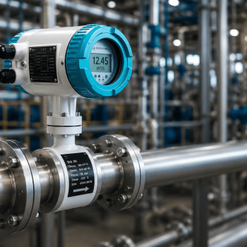 Medidor eletromagnético de vazão industrial instalado em tubulação de aço inox para monitoramento preciso do fluxo de fluidos em processo industrial.