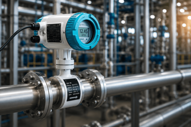 Medidor eletromagnético de vazão industrial instalado em tubulação de aço inox para monitoramento preciso do fluxo de fluidos em processo industrial.