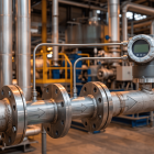 Fotografia industrial em close mostrando um medidor de vazão por pressão diferencial instalado em uma tubulação de aço. O equipamento inclui duas tomadas de impulso conectadas a um transmissor digital com visor, e uma seta indicando o fluxo do fluido.