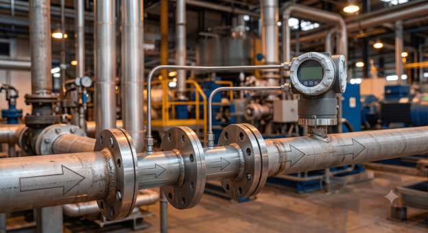 Fotografia industrial em close mostrando um medidor de vazão por pressão diferencial instalado em uma tubulação de aço. O equipamento inclui duas tomadas de impulso conectadas a um transmissor digital com visor, e uma seta indicando o fluxo do fluido.