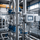 Engenheira de instrumentação industrial inspecionando um medidor de vazão ultrassônico fixado na tubulação com transdutores e utilizando um calibrador portátil, em uma planta industrial com tubulações de aço.