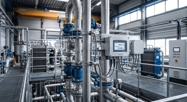 Engenheira de instrumentação industrial inspecionando um medidor de vazão ultrassônico fixado na tubulação com transdutores e utilizando um calibrador portátil, em uma planta industrial com tubulações de aço.