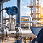 Medidor de vazão vortex instalado em tubulação industrial para controle preciso de vapor e gases.